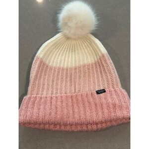 Victoria's Secret Pink White‎ Knit Beanie Hat Faux Fur Pom Pom Winter